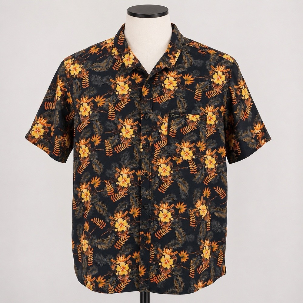 Retro Rifle Tropics Black Gold Hawaiian Shirt Men's XL Floral Gun Print